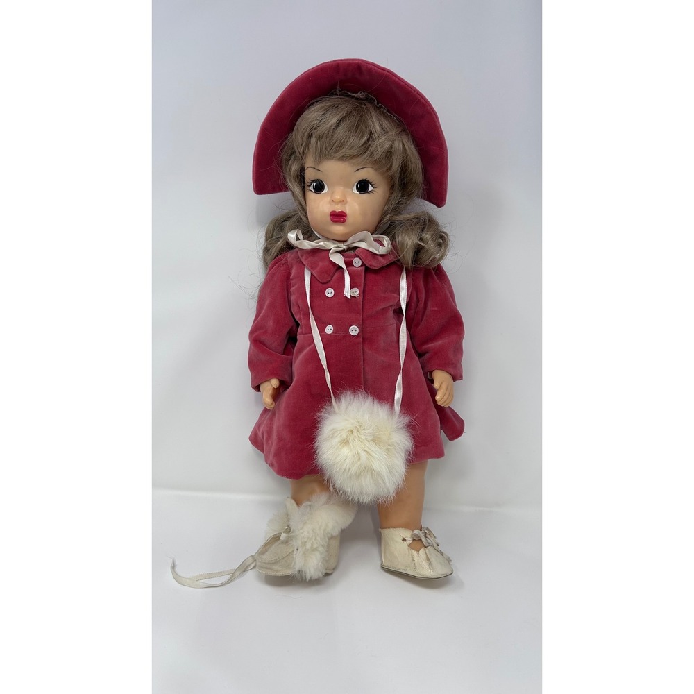 Vintage Terri Lee Doll 16 Inch Red Velvet‎ Coat Bonnet Blue Lace Dress 1950s